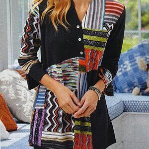 North Style Pieced Black and Multi-Print Tunic